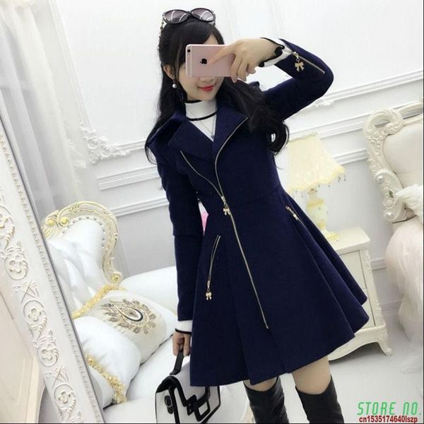 

2021 autumn winter women coats dark blue lady clothing zipper woolen coat mid-length slim1, Black