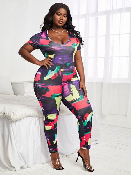 

sxy plus brush print unitard jumpsuit d5n7#, Black