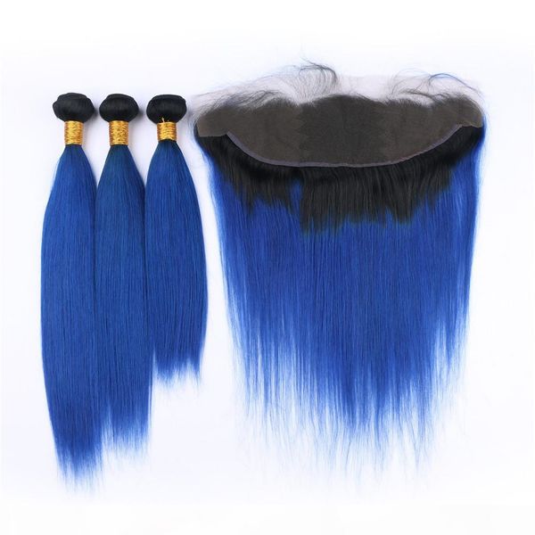 

#1b blue ombre brazilian virgin human hair bundle deals with frontal straight ombre dark blue full lace frontal 13x4 with weave bundles, Black;brown