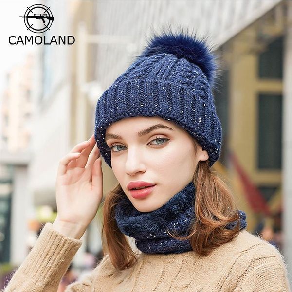 

beanie/skull caps camoland winter warm knitted beanies hat women thermal fleece scarf set female fur pompom casual hedging, Blue;gray