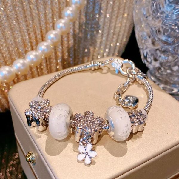 

fashion 925 sterling silver murano lampwork glass & european charm beads love heart five petals flower crystal dangle fits pandora charm bra, Golden;silver
