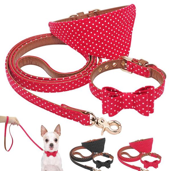 

dog cat bandana collar dog walking leash cute polka dot bowknot leather dog collars leash set for small medium dogs pet wmtlsv