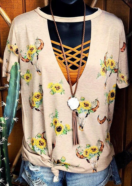 

women sunflower steer skull cut out t shirt apricot summer ladies vintage hollow out sunflower t shirt plus size tumblr clothes, White