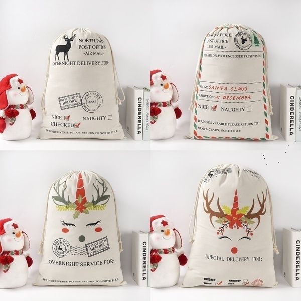 

new 200pcs рождественского подарок сумка сант sack drawstring сумка canvas сант мешки для хранения печати подарочных пакетов украшения xmas