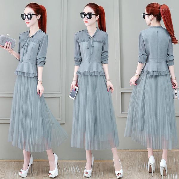 

women's tracksuits outfits for women mid length dress women's 2021 autumn korean style elegant slimming mesh goddess fan two piece, Gray
