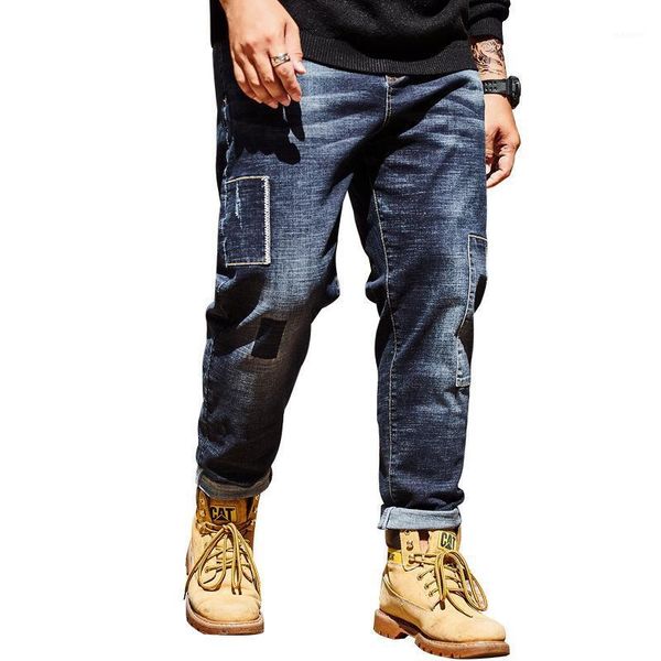 

men retro baggy jeans vintage garment washed denim pants male hiphop skateboarder jeans letters printed wide leg1, Blue