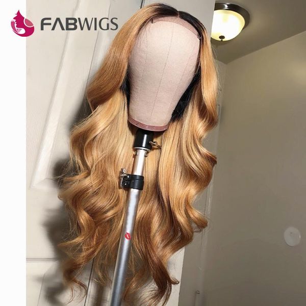 

lace wigs fabwigs 13x6 honey blonde front wig ombre human hair for black women brazilian body wave frontal colored, Black;brown