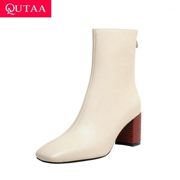 

qutaa 2021 square toe autumn winter ankle boots cow leather concise women shoes square high heel zipper short boots size 34-431, Black