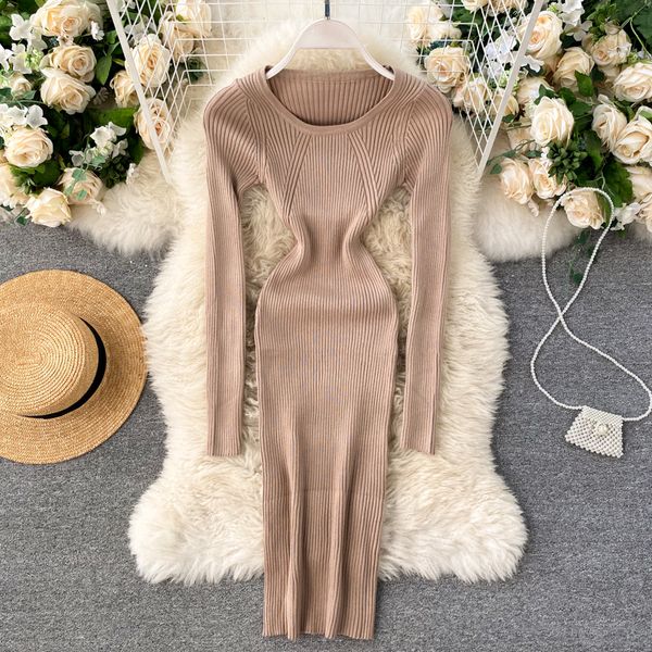 

2021 new female , knitted or crocheted, autumn pencils, neck long, elastic sleeve, thin dresses bodycon, nightgown. ov6x, Black;gray