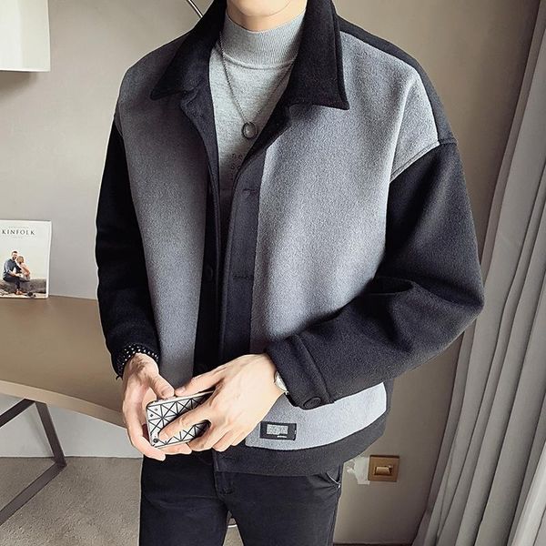 

legible winter jacket men high-quality wool coat men casual loose fit short wool jackets man patchwork coats, Black