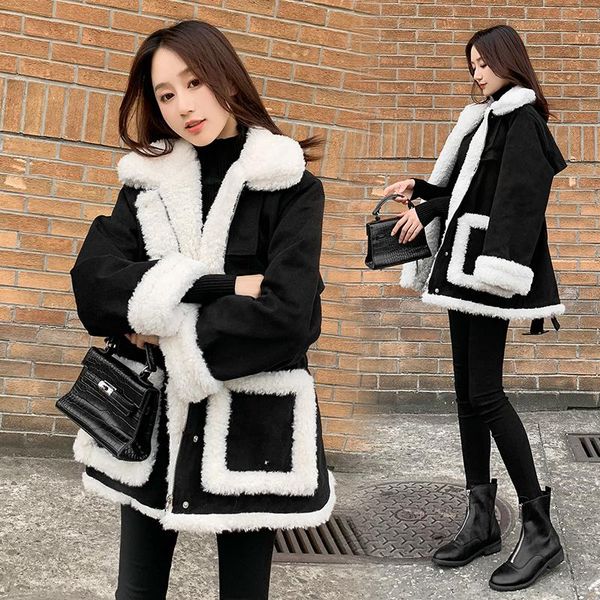 

2020 new winter faux fur coat women fashion turn-down collar single breasted solid color thick warm lamb wool jacket female z850, Black