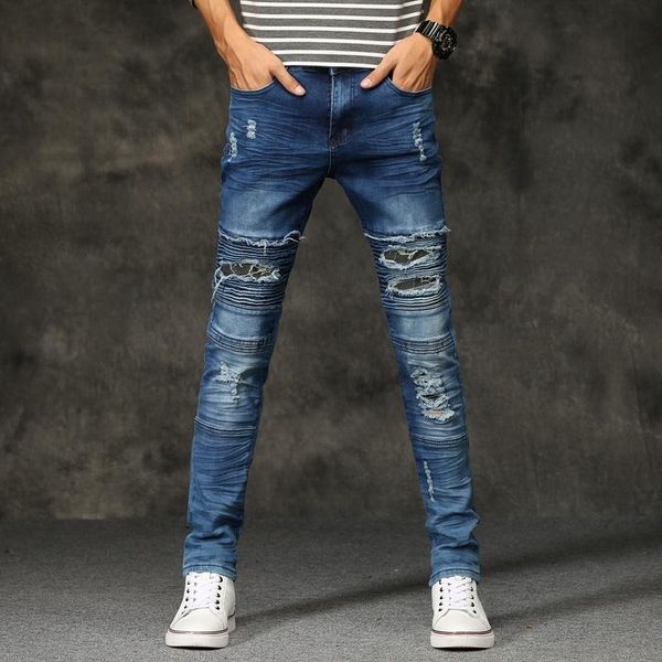 

men's jeans blue ripped men 2021 autumn hi street folds hole locomotive homme casual slim fit hip hop mens biker jeans,g205