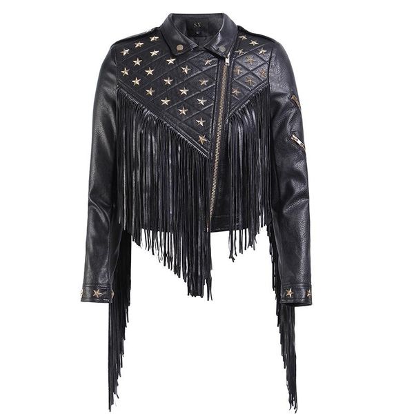 

women's leather & faux women jacket turn down collar zipper tassel pu coat with rivet female slim motorcycle punk, Black