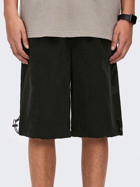 

men elastic waist letter graphic drawstring hem shorts k81l#, Black
