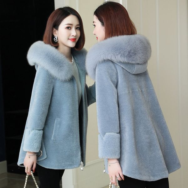 

2021 new women's clothing chenille winter coat haining lambskin integrated fox fur of elegant short noble women iw6r, Black