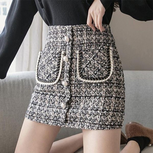 

skirts high waist plaid with breasted lady trendy vintage harajuku mini skirt autumn winter women korean style short, Black