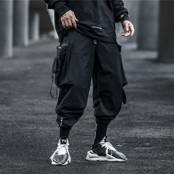 

men's pants belt ribbons techwear hip hop cargo men autumn trousers japanese tooling pencil tactical black male vintage casual