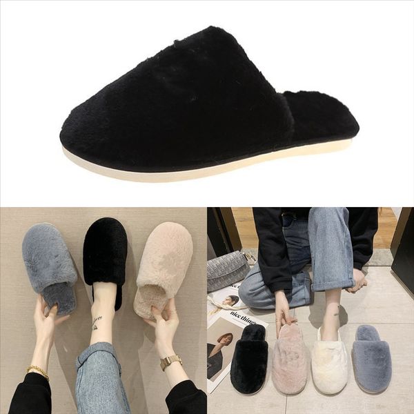 

5u0se slippers women new minion plush slippers imitation fox fur plush raccoon imitation slides fur non-slip flip flops flat slippers, Black