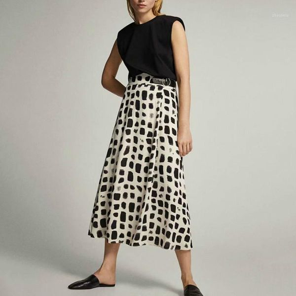 

ayualin high waist with belt long skirts women england office lady vintage printted a-line midi pleated skirt faldas mujer 20201, Black
