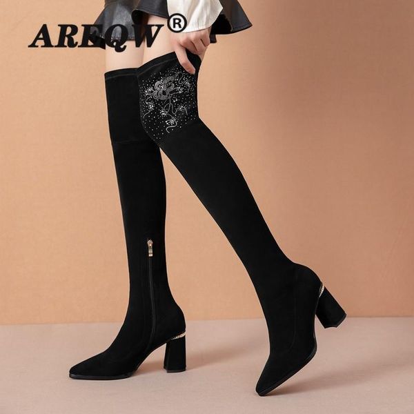 

winter thigh high boots women over the knee boots long black booties stretchable block heels size feminino zapatos