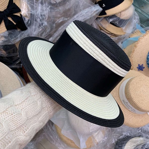 

and black color contrast white big eaves flat straw summer outdoor sunshade panama jazz hat fashion, Blue;gray
