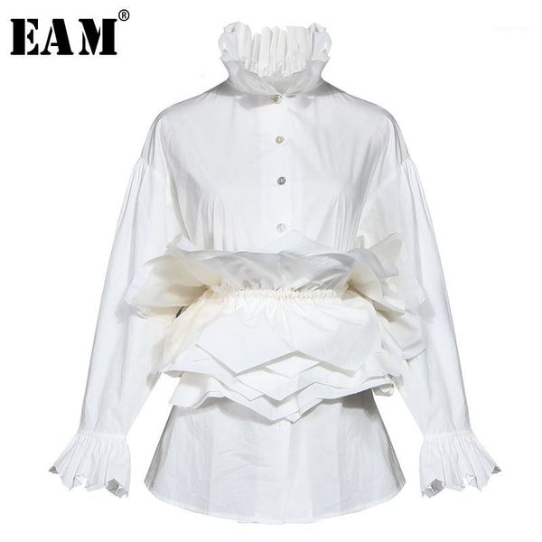 

eam] women white ruffles split blouse new stand collar long sleeve loose fit shirt fashion tide spring autumn 2020 1n8821
