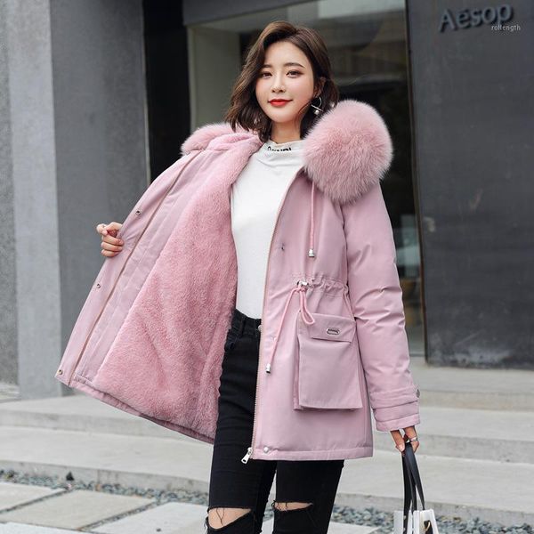 

lasperal winter jacket women velvet liner thicken hooded parka women slim with big fur collar outerwear coat parkas female1, Black