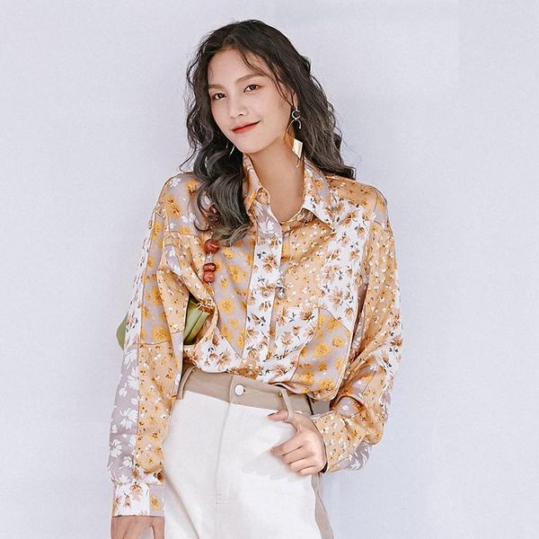 

new design retro new color matching shirt women floral print full turn down collar loose shirts fashion, White