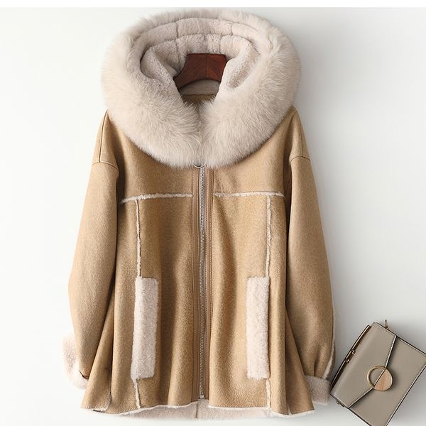 

autumn winter women short fur coat with big fox fur hooded casual style with long sleeve 201031, Black