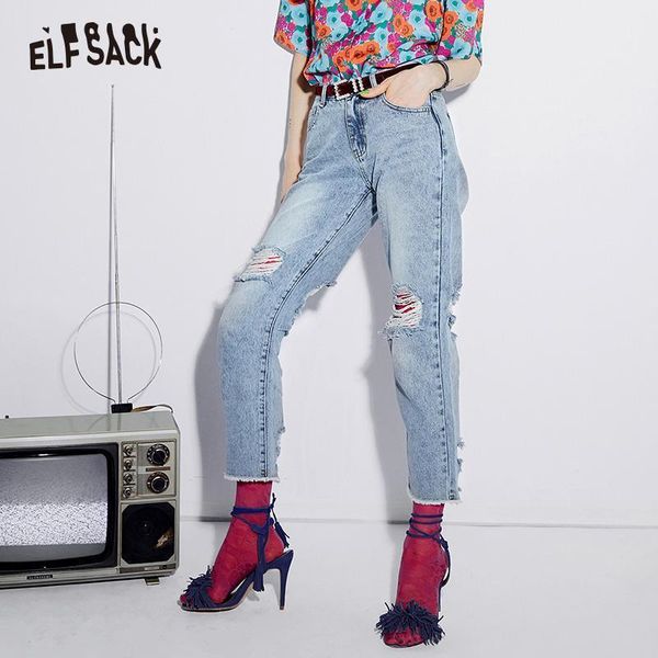 

elfsack sky blue frayed denim bottoms streetwear hole straight mid waist femme jeans 2020 summer fashion ripped jeans for women1