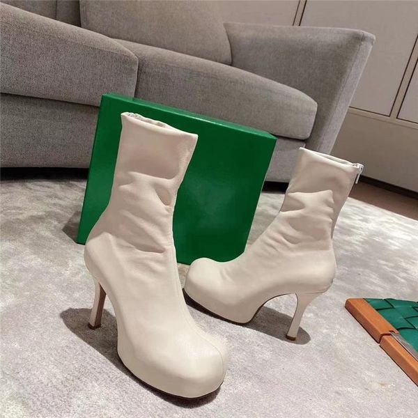 

genuine leather boots women thin high heels shoes fashion trendy 2021 big square toe thick platform sock boots, Black