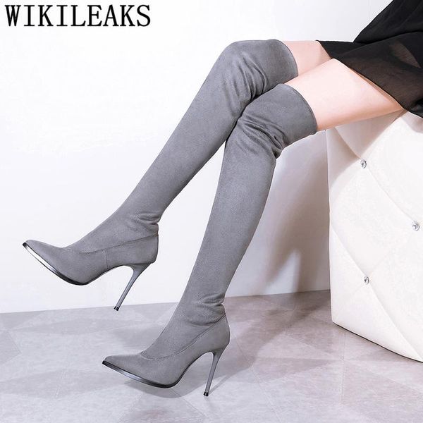 

thigh high boots stiletto knee high boots winter shoes women flock fetish heel autumn women shoes korean style buty, Black