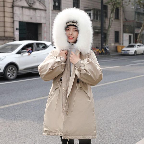 

warm thicken winter jacket women casual adjustable waist medium long hooded parka coat female fur collar jacket1, Black