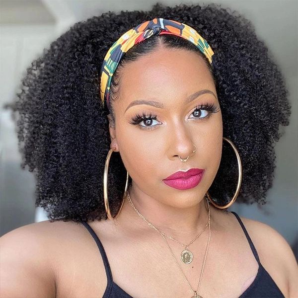

modern show glueless headband wig kinky curly human hair wigs brazilian machine scarf wig jerry curl hair wig, Black;brown