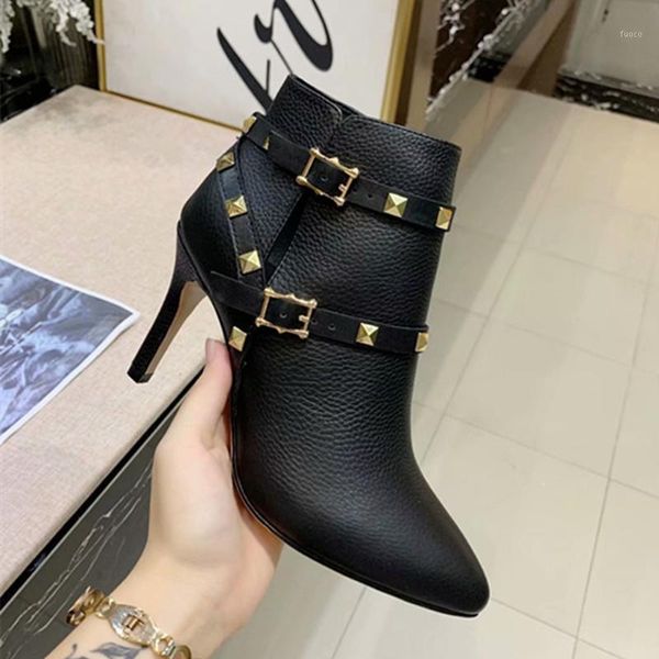 

boots winter women high heels botines mujer 2021 genuine leather buckle bota feminina rivets ladies shoes zapatos de mujer1, Black