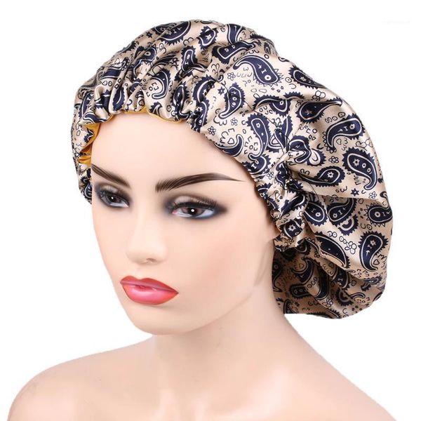 

Print Bonnet Women Nightcap Satin Soft Extra Large Head Turban Cap1, Blue;gray