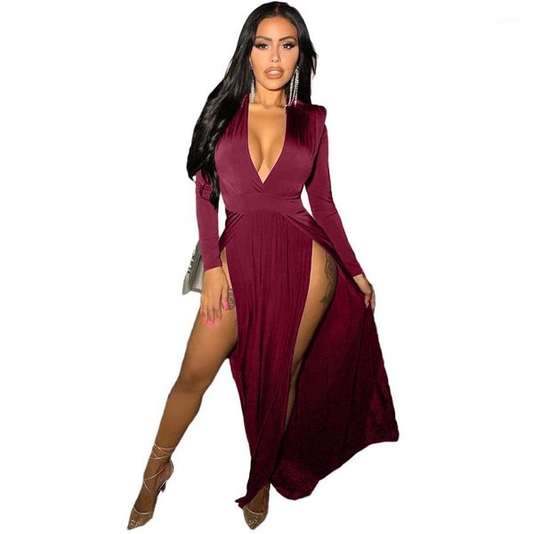 

dress summer v neck slim fit long sleeve casual dresses famale solid clothes women high split, Black;gray