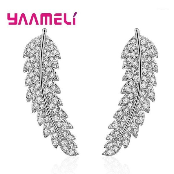 

delicate fashion cubic zirconia feather leaf stud earrings for women party gift 925 sterling silver jewelry rhinestone brincos1, Golden;silver
