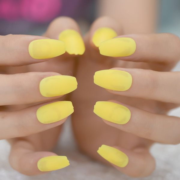 

false nails neon yellow matte fake medium coffin manicure artificial nail art tips 24 sculpted echiq finger decoration, Red;gold