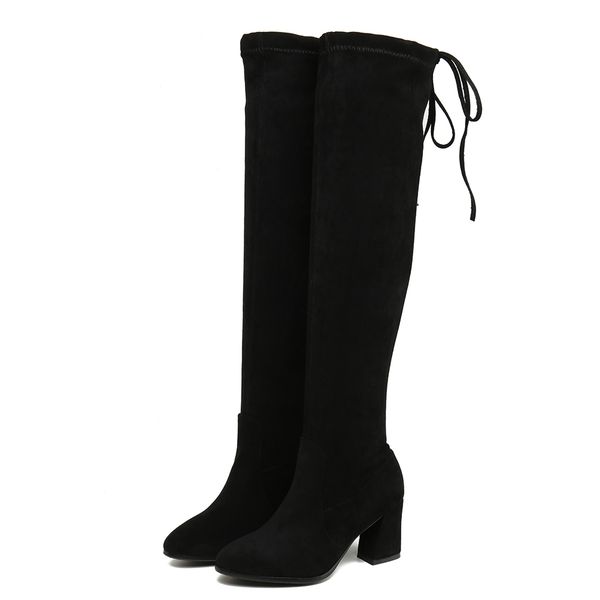 

2021 новый повседневный стиль эластичная круглая головка на колене для похудения bow-up bow super high каблуки женские ботинки xhf3, Black