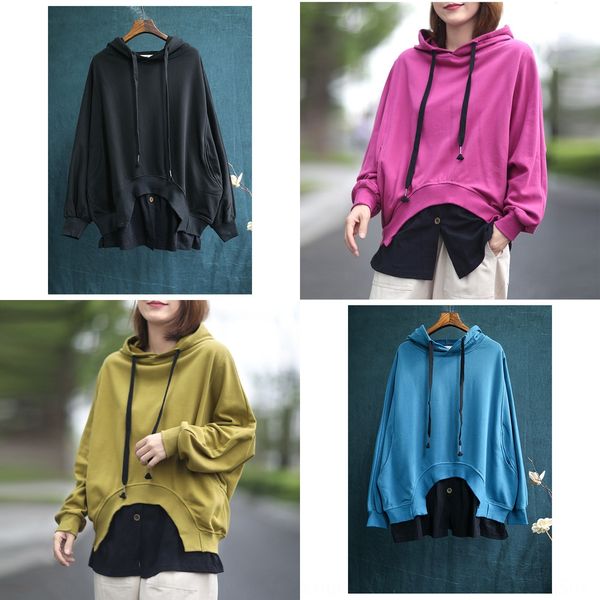 

qi engrave korean casual loose sweater large fake two piece bottom stitched hooded sweater women's long sleeve fall 2020 mexps, Black