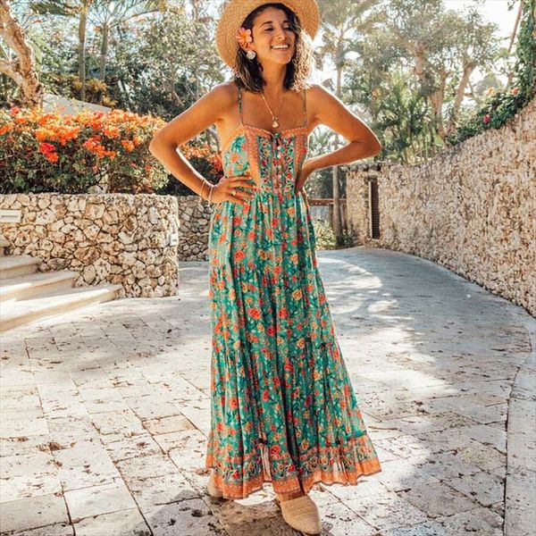 

green floral summer dress buttons waist tie long dress casual 2020 new beach straps chic women, Black;gray