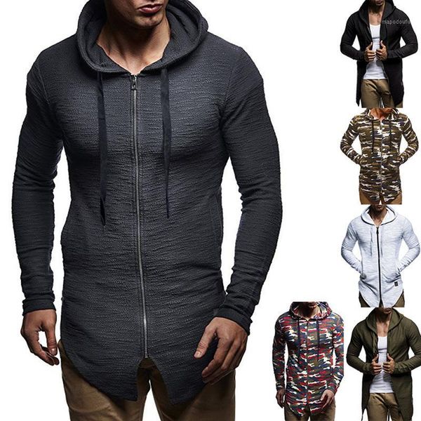

zacoo men hoodie long sleeve zipper fashionable cropped design hooded jacket coat long sweatshirt1, Black