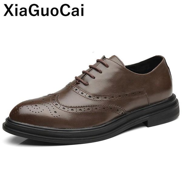 

spring autumn men dress shoes 2020 new man leather business footwear wedding brogue shoes retro bullock flats fashion, Black