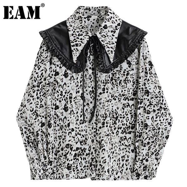 

eam] women printed pu leather big size blouse new lapel long sleeve loose fit shirt fashion tide spring autumn 2020 1dc863, White