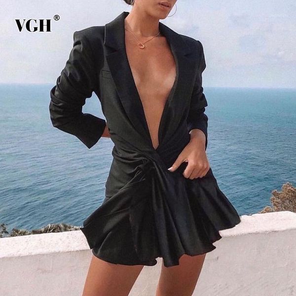 

vgh black ruched blazer for women notched long sleeve large size elegant blazers female fashion new clothing 2020 autumn tide1, White;black