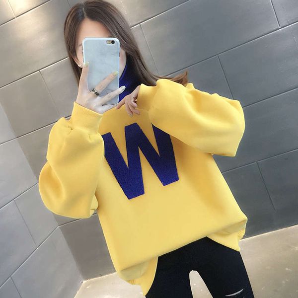 

autumn and winter wear plush thickening high collar women's sweater 2020 new loose korean yellow top, Black