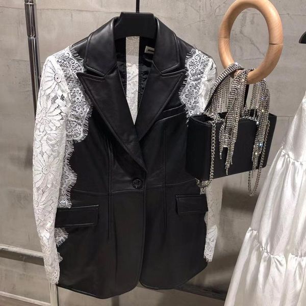 

women's leather & faux real blazer lace splicated sheep jacket ladies genuine, Black