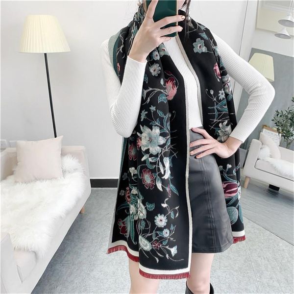 

flowers print winter cashmere scarf women thick warm shawl and wrap carriageprinted blanket cape, Blue;gray