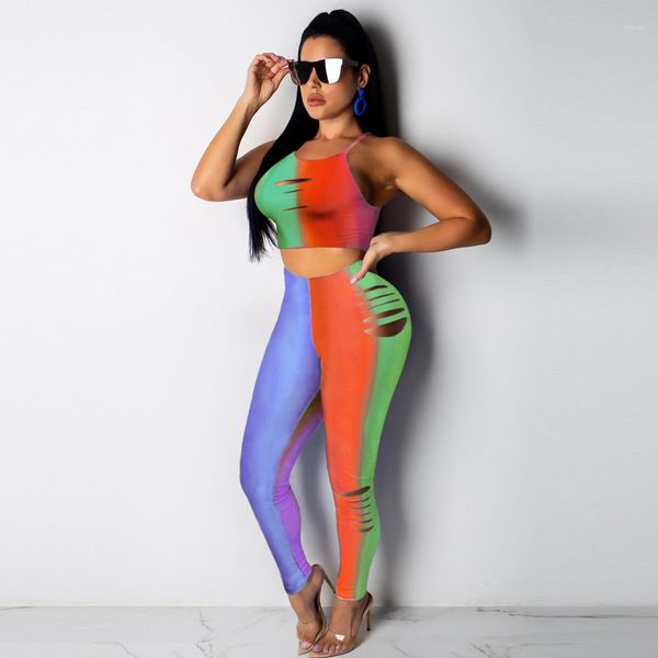 

womens 2pcs summer spaghetti strap patchwork contrast color trousers designer two piece pants gradient hole nightclub, White